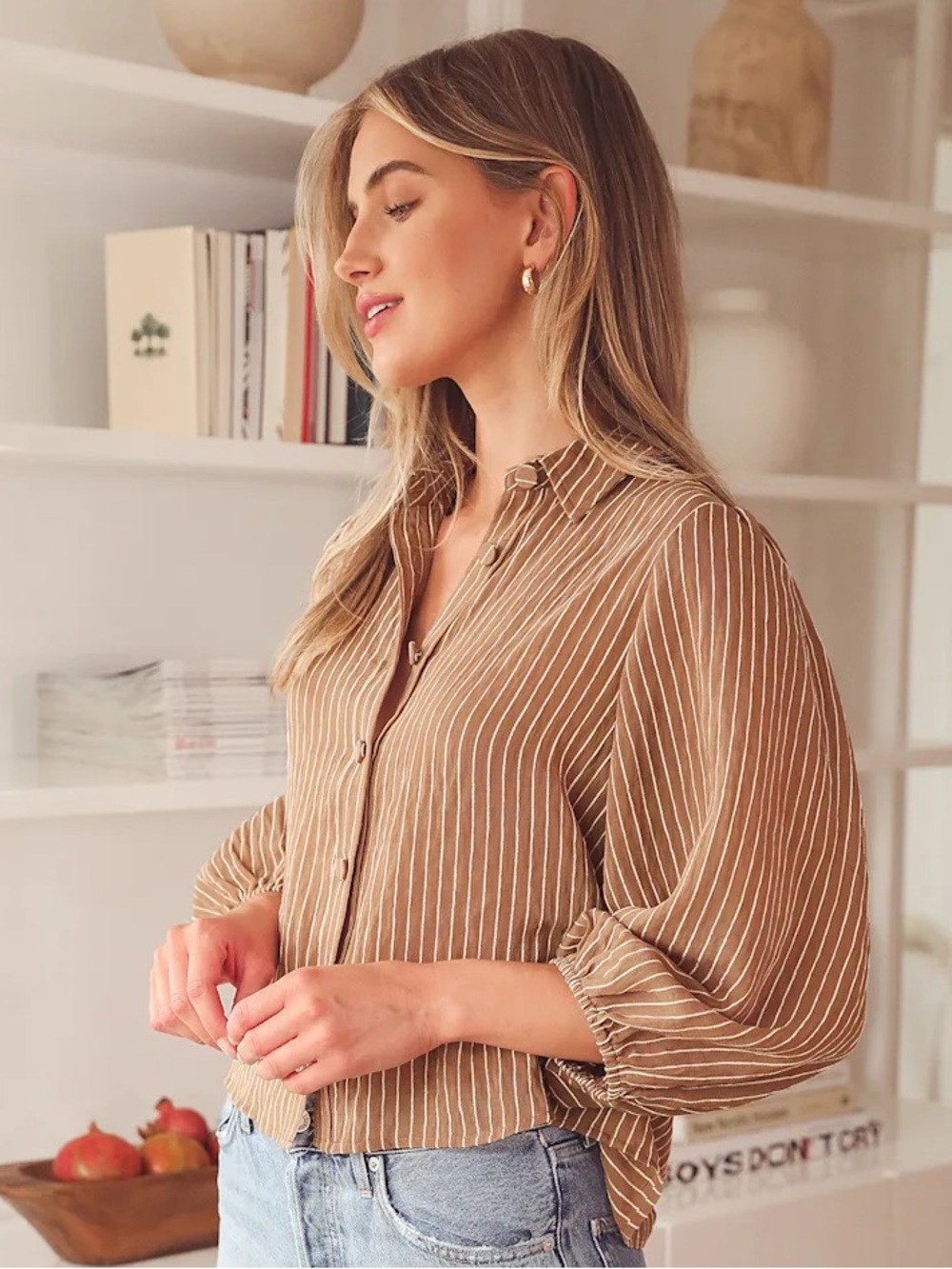 Versona Tan Striped Button-Down Blouse